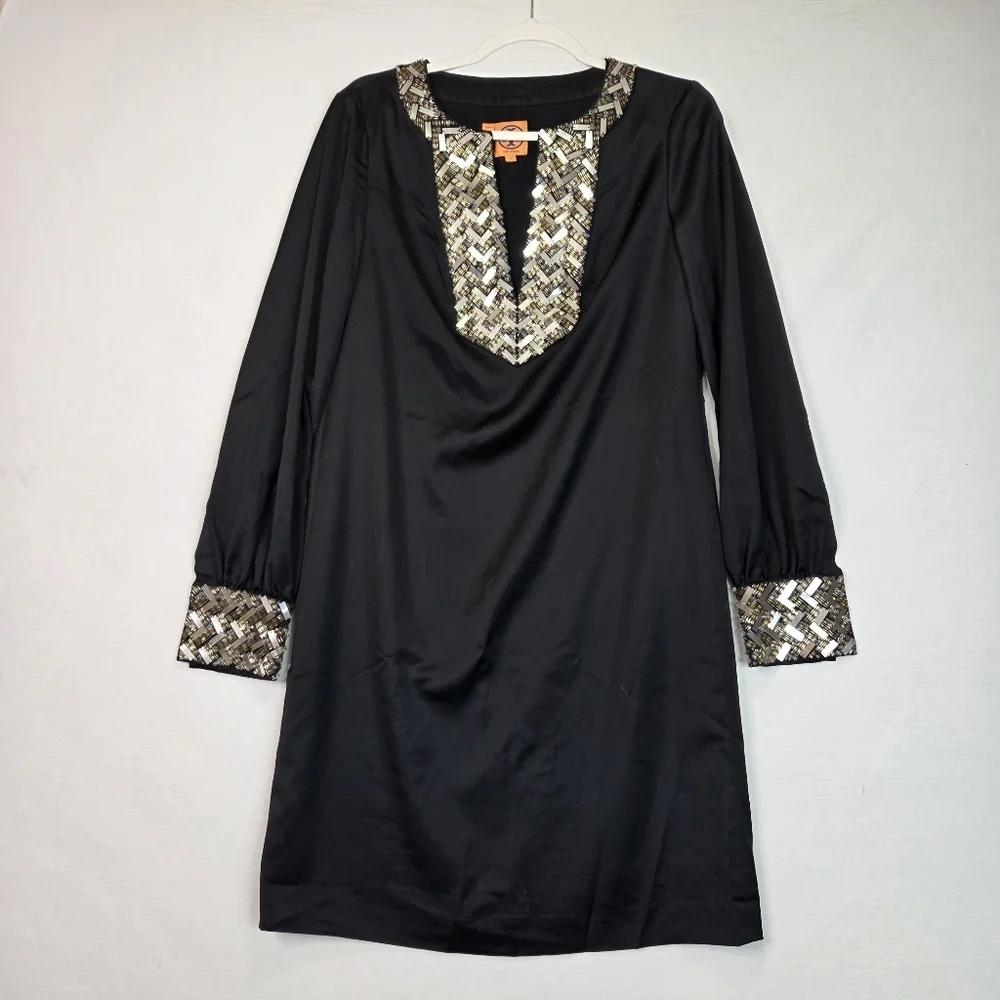 Tory Burch Black Embellished Shift Dress Size 8 Long Sleeve Beaded Neckline